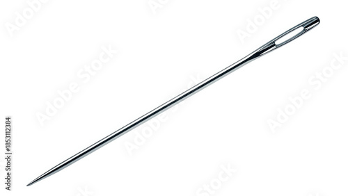 Single metal sewing needle isolated on a white background