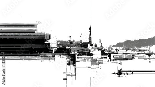 Glitchy cityscape with distorted buildings and antennae