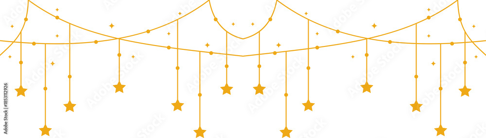Obraz premium Gold Garland Hanging Decoration Overlay, Minimal Winter Glow, Elegant Festive Background Hanging Gold Garland Metallic Dots Bunting on Transparent Background shiny string lights on transparent 