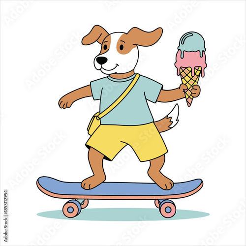 Dog on a skateboard holding an ice cream cone with two scoops Keywords: dog, jack russell, pet