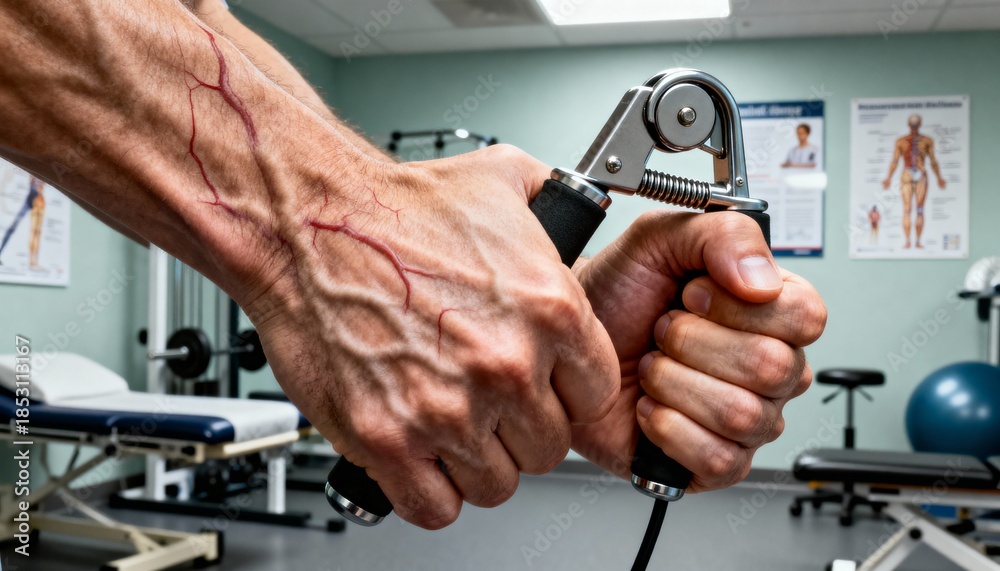 Fototapeta premium Close-up of a man's heavily veined arm and hand gripping a hand exerciser in a physical therapy or doctor's office setting, conveying strength and rehabilitation.