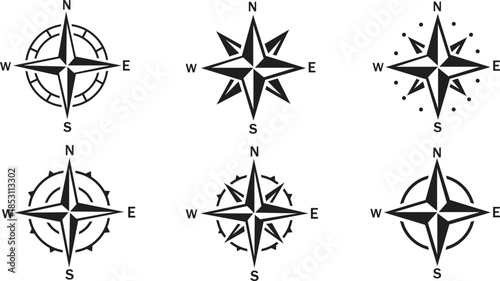 Compass logo. Black compass icons. East, West, North and South