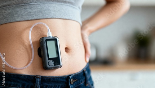 Close-up of a person's abdomen with an insulin pump attached, highlighting diabetes management and modern medical technology, perfect for health and wellness content with copy space.