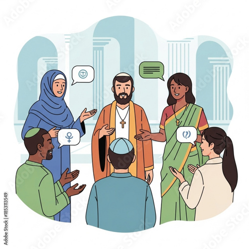 Diverse religious people in conversation discussing faith and understanding vector illustration for interfaith dialogue and unity
