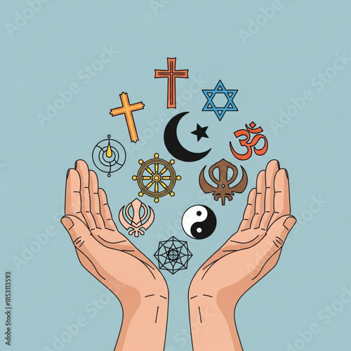 Collection of diverse religious symbols floating above open hands representing faith and spirituality concept for unity and tolerance