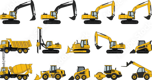 Construction heavy machinery vector set, excavator bulldozer dump truck mixer loader roller equipment icons, industrial vehicles illustration collection for building, engineering projects