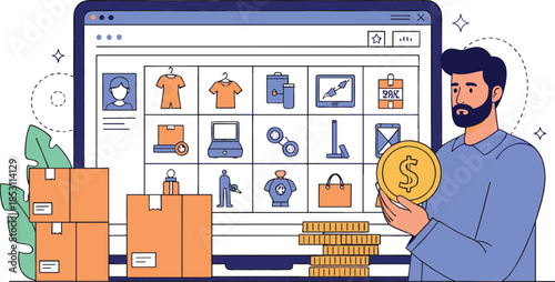 E-commerce and Online Shopping Vector Illustration Showing Man Making Digital Payment on Computer Screen with Shopping Cart, Boxes, and Financial Coins