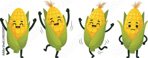 Four cartoon corn characters dancing and smiling