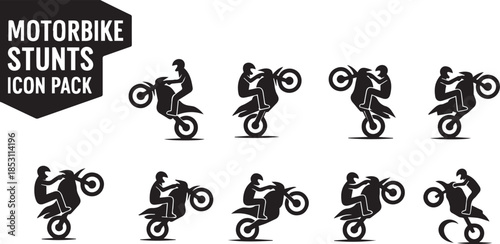 Motorbike stunts icon pack featuring eight different riding positions