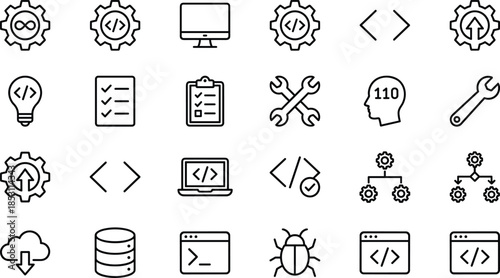 Software development icon set illustration, coding programming tools, debugging symbols, system configuration, cloud database elements, modern outline vector collection for web technology design