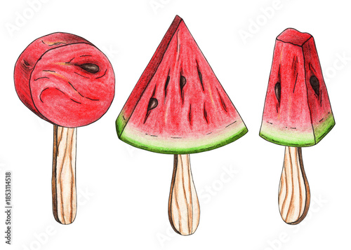 Set of watermelon slices on a stick hand drawn watercolor. Ripe berries. Summer fruit ice. Red juicy pulp. Organic farm. Healthy eating. Vitamin food. Circle, triangle part. Seasonal illustration.