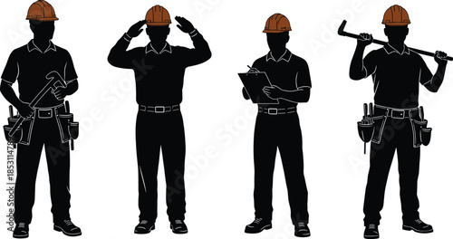 Construction worker silhouette illustration set showing builders with tools helmets and safety gear isolated on white background industrial labor concept