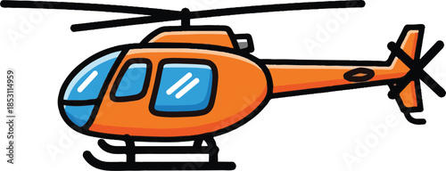 A cartoon orange helicopter with blue windows