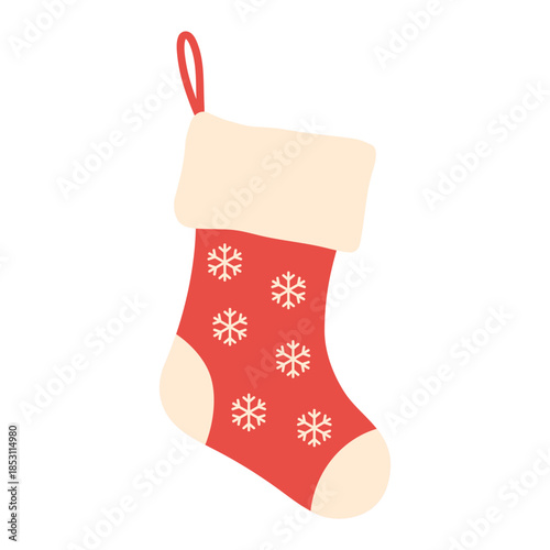 Simple festive Christmas stocking illustration for holiday decor, gifts, greeting cards, winter design, kids, seasonal prints, cozy interior, nursery art. Flat vector. Hand drawn. Isolated background.
