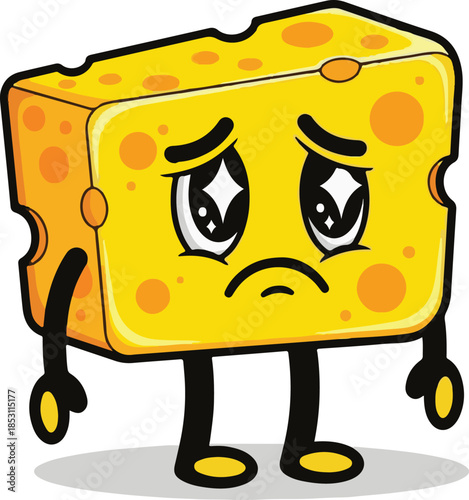 A sad cartoon cheese character with a frowning face