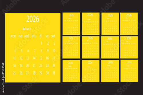 2026 calendar template. Corporate and business planner diary. The week starts on Monday. Set of 12 months of pages.