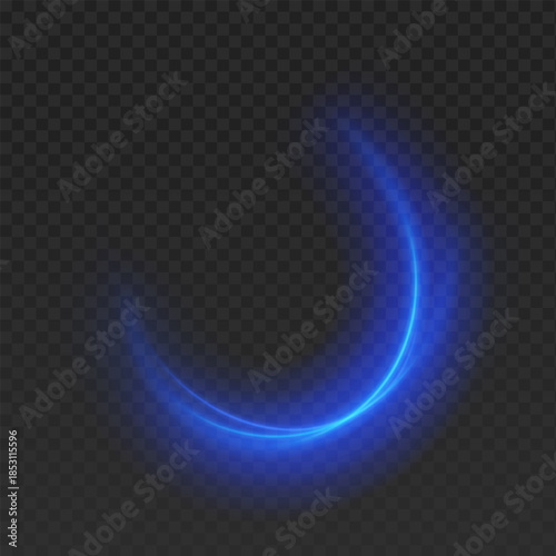 Abstract blue neon light trail with motion blur effect on transparent background