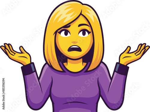 A cartoon woman with blonde hair shrugging her shoulders in confusion