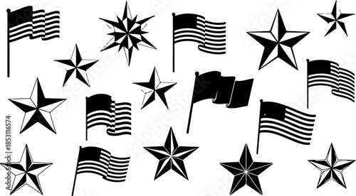 Patriotic Eagle and American Flag Silhouette Emblem Set