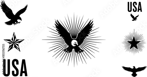 Patriotic Eagle and American Flag Silhouette Emblem Set