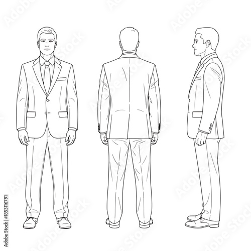 Man in a Full Suit Front Back and Side View Isolated on White Background Professional Business Attire Line Drawing