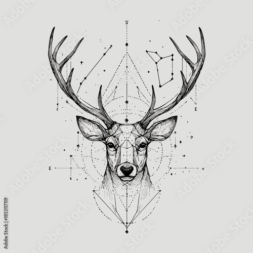 Geometric deer head with constellation art drawing vector illustration for logo or tattoo design 100 char vector illustration