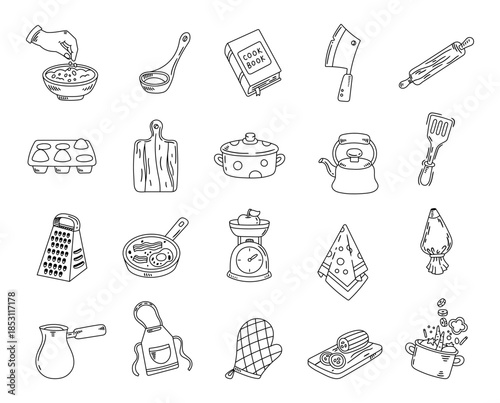 Cooking set in outline line art for kitchen tools supporting home food preparation and crafting projects suitable learning daily practices equipment selection activities