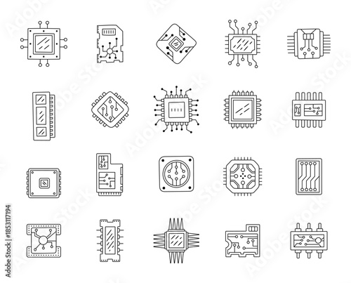 Computer chip set in outline line art for advanced electronic components used across engineering workflows and supporting detailed circuit development in modern hardware systems worldwide