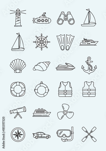 Nautical Icons Collection Featuring Lighthouse, Sailboat, Submarine, Binoculars, Ship Wheel, Anchor, and More Nautical Symbols