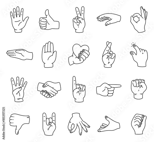 Gesture communication hand sign set in outline line art illustrating diverse meaningful human signals shown across various everyday contexts enhancing design projects