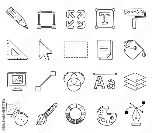 Tool application interface set in outline line art for enhancing diverse editing workflows with practical symbols supporting illustration tasks across graphic projects in design