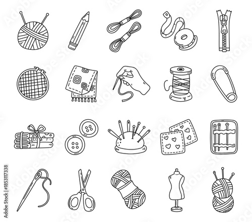 Sewing cutting tools set in outline line art showcasing handmade tailoring essentials for needlework crafts workshops projects clothing repairs measuring stitching design