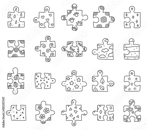 Puzzle set in outline line art ornament leisure jigsaw pieces designed for children learning logic thinking through matching play activities objects