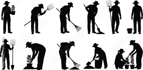Gardening farmer silhouettes illustration set showing people planting raking digging and watering plants isolated on white background rural work concept
