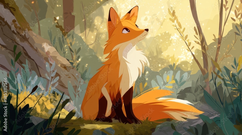 Obraz premium A fox is sitting on the ground in a forest. Sunlight shines through the trees highlighting the fox. The scene is filled with plants and greenery.