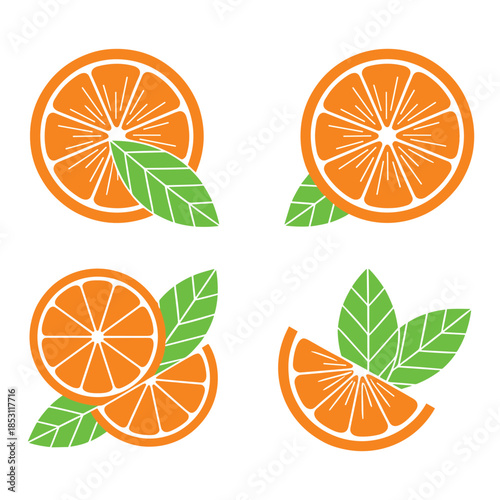 Fresh orange fruit slices vector illustration set with green leaves and icons