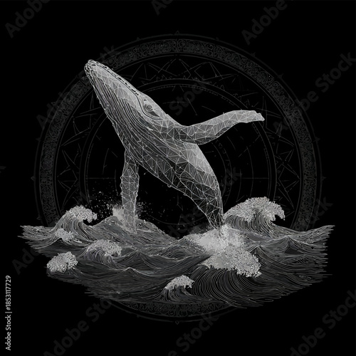 Geometric whale breaching ocean waves with mandala background art print design illustration vector graphic vector illustration