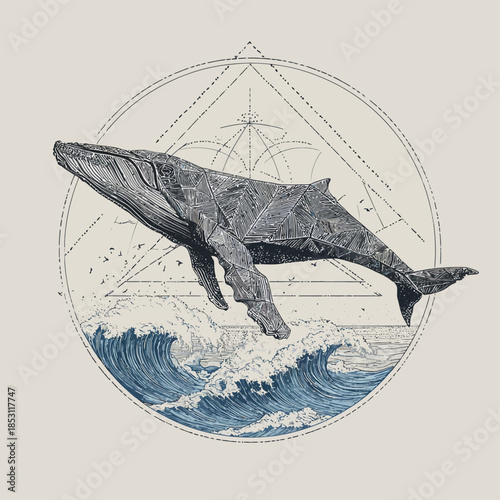Whale geometric art print illustration ocean waves nautical design sea life drawing marine animal artwork vector vector illustration