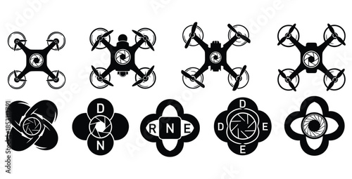 Collection of black and white drone icons featuring quadcopters and abstract shutter lens logos