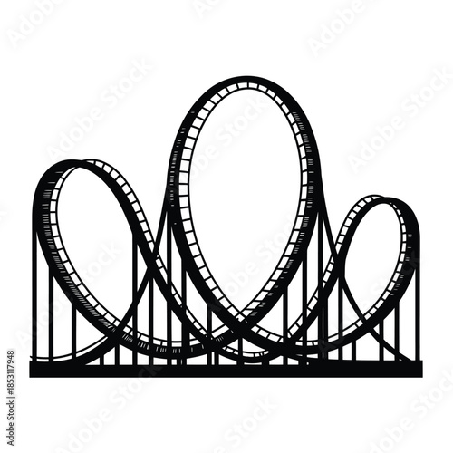 Black and white illustration of a complex looping roller coaster structure