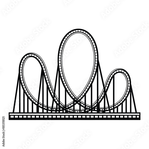 Black and white illustration of a looping roller coaster structure