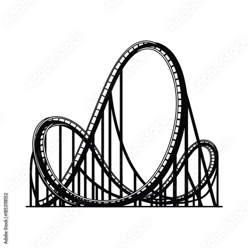 A black and white illustration of a looping roller coaster track design