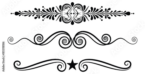 Collection of three ornate black and white decorative flourishes and dividers for elegant design projects