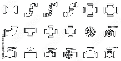 Outline icon set featuring various plumbing pipes fittings connectors and essential water control valves