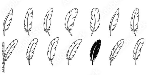 Collection of stylized bird feather icons in various outline and solid black vector drawing styles
