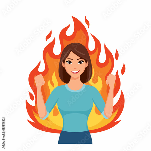 A woman surrounded by flames with a fiery passion and determination