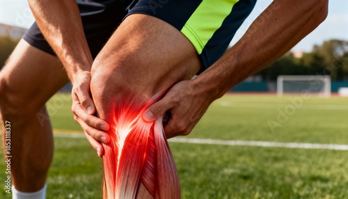 Close-up of a soccer player's knee with glowing red muscles indicating pain or injury, on a blurred sports field background, perfect for medical or sports-related content.