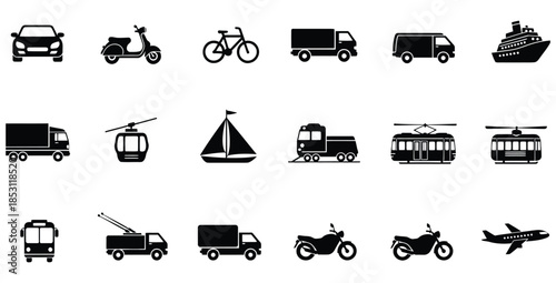 Set of black solid icons representing various modes of transportation and travel vehicles for interface design
