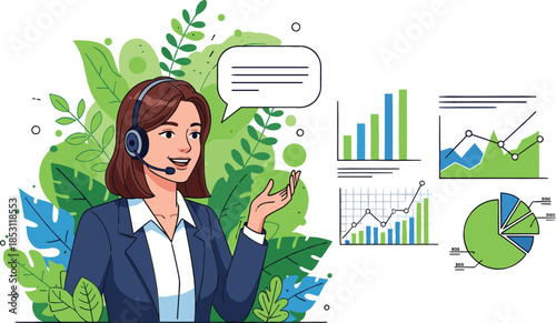 Friendly customer service consultant wearing a headset, surrounded by green foliage, delivering business and financial advice with a focus on ecological responsibility.