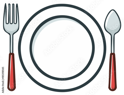 Cartoon dinnerware illustration with a plate, spoon, and fork isolated on a white backdrop.